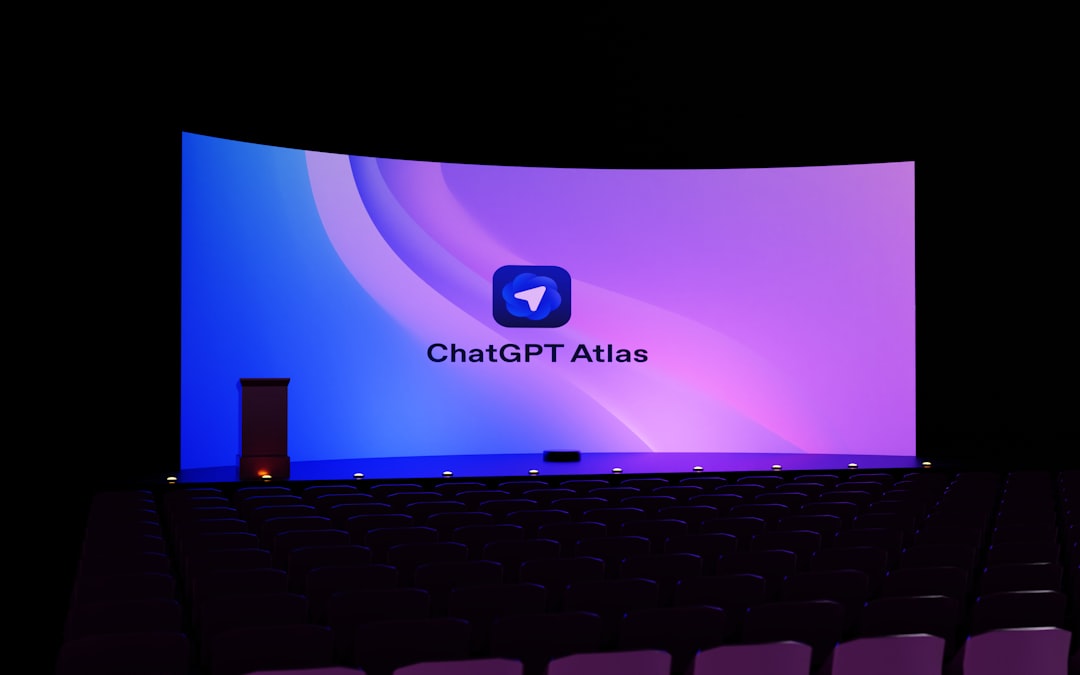 CopilotとChatGPTの違いを徹底比較！機能・料金・活用シーンを解説 - ChatGPT Atlas logo displayed on a massive cinema screen with vibrant purple and blue gradient background. The sleek presentation features the iconic messenger-style icon in a movie theater setting with rows of purple seats. Perfect representation of AI technology, digital innovation, and modern presentation design showcasing artificial intelligence branding in an immersive entertainment environment.